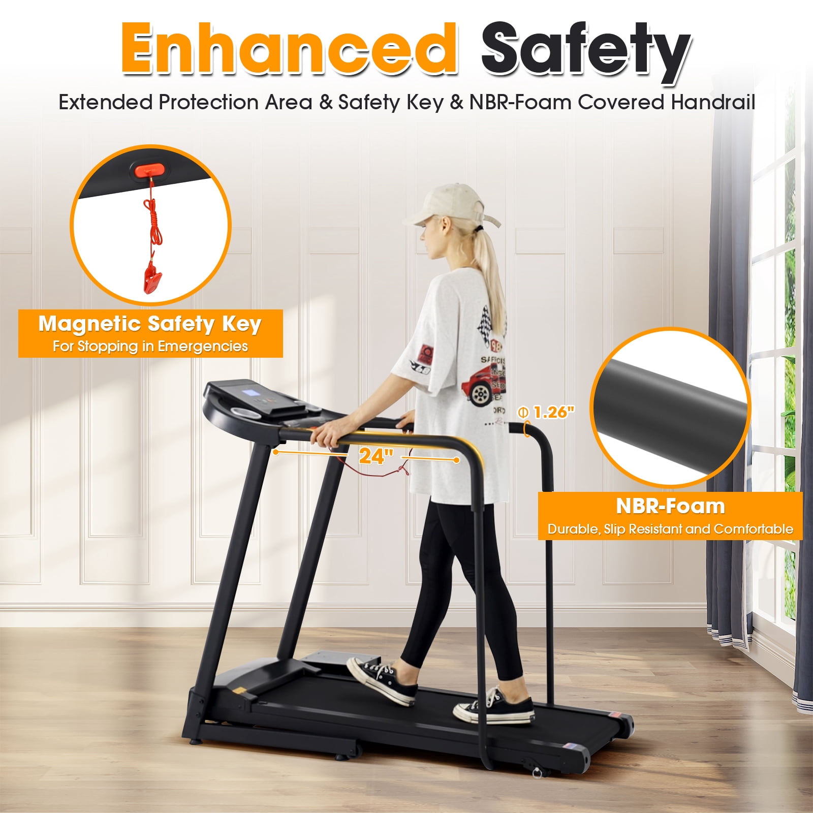 Syedee Walking Treadmill with Long Handrail, Recovery Walking Machine with Heart Monitor & Safety Locker, Foldable Jogging Machine with LCD Display Screen