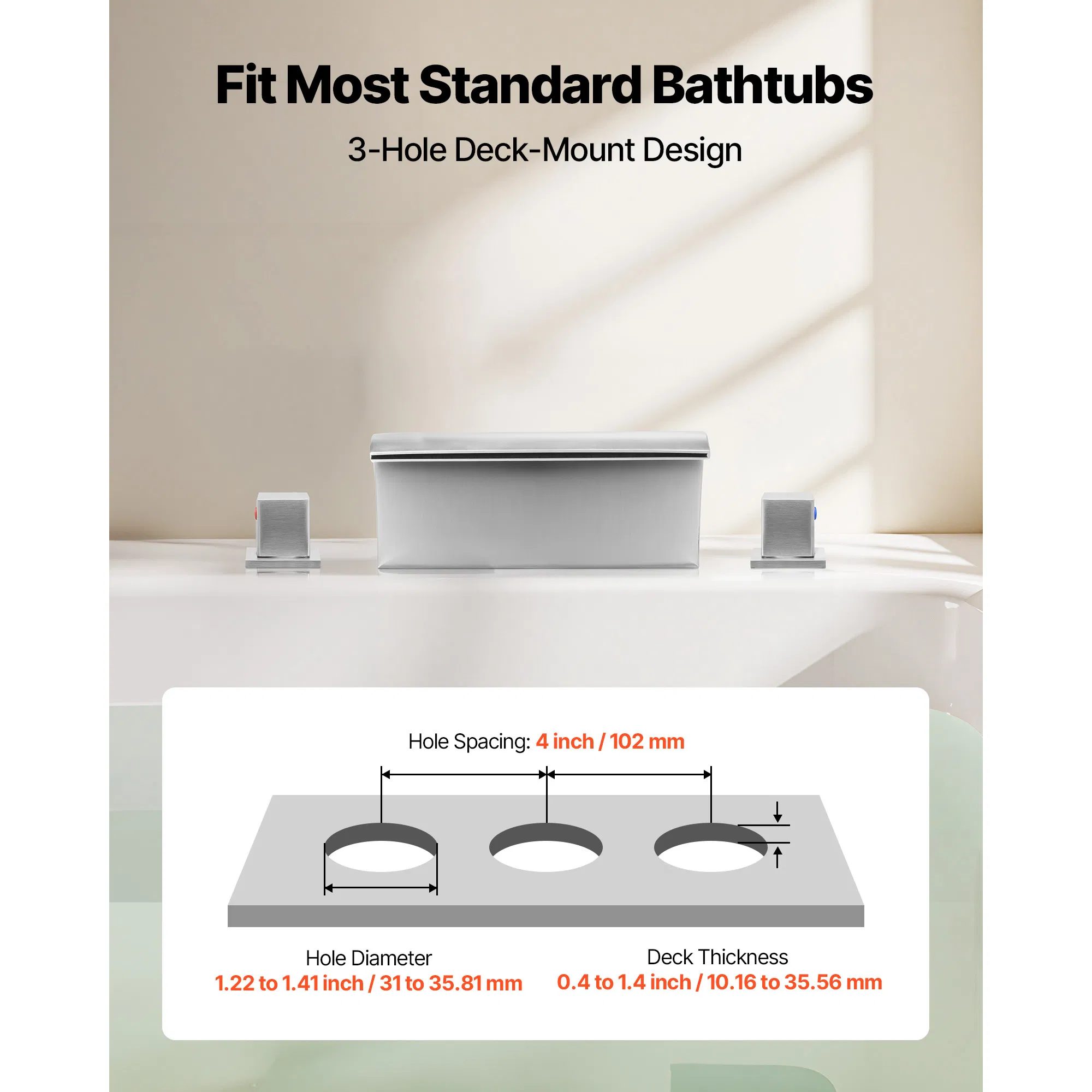 Silver Three-Hole Waterfall Bathtub Faucet Set with Two Handles,Deck Mount Design for Adult Bathing,Temperature Control,Stylish and Functional Addition to Your Bathroom
