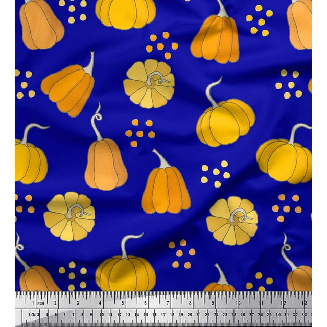 Soimoi Blue Poly Georgette Fabric Pumpkin Vegetable Print Fabric by Yard 52 Inch Wide