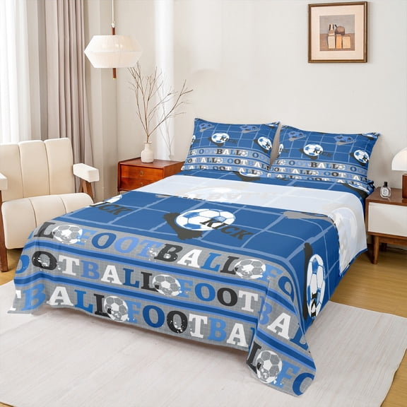 Feelyou Retro Soccer Sports Twin Sheet Sets, Est Sleep Rugby Football Twin Fitted Sheet, Blue Cartoon Ball Flat Sheet, Breathable Home Decor, 3 Pieces