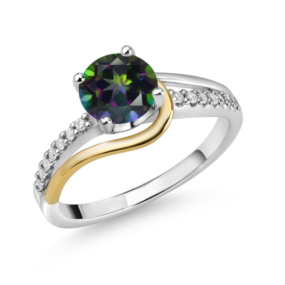 Gem Stone King 1.41 Cttw 925 Sterling Silver and 10K Yellow Gold Round Green Mystic Topaz and White Moissanite Engagement Ring for Women | Round 7MM (Size 5)