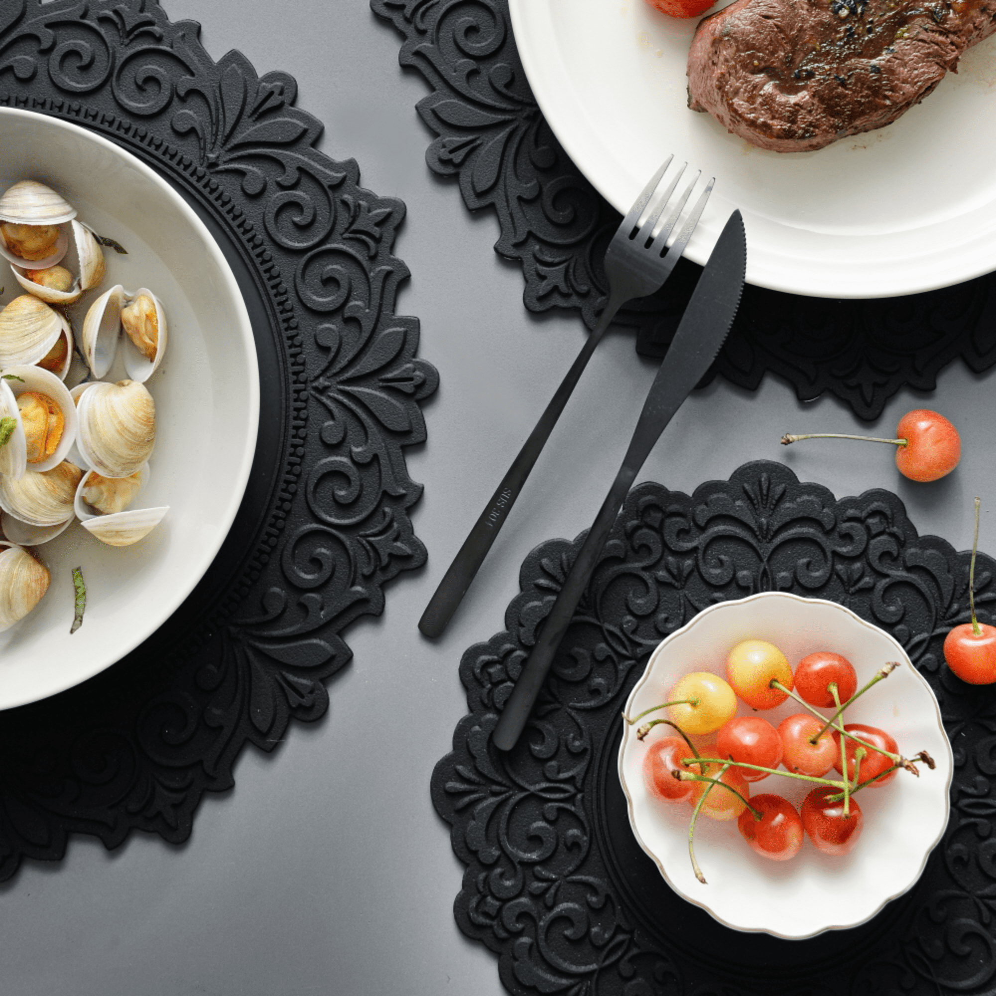 2 Set, Premium 14" Silicone Placemat – Heat-Resistant, Non-Slip & Waterproof – Easy to Clean, Dishwasher Safe Table Mat for Dining & Kitchen (Black)