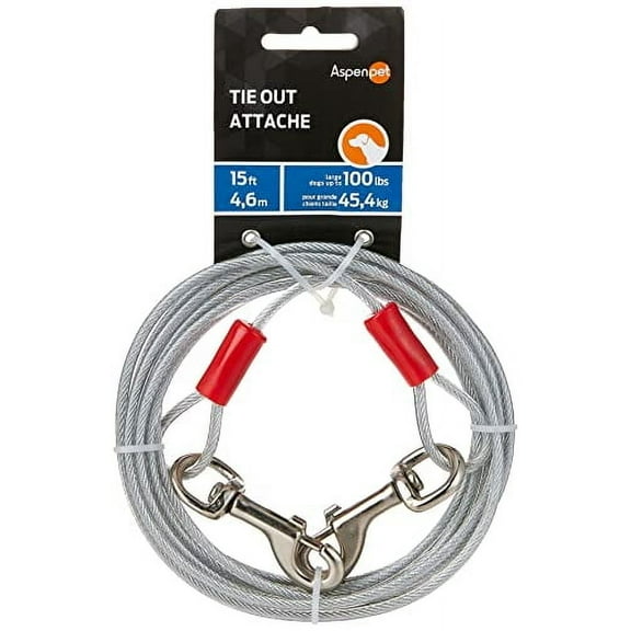 Aspen Pet Heavy Duty Dog Tie-Out Galavanized Steel Cable, 15' Long for Dogs Up To 100 lb, Silver