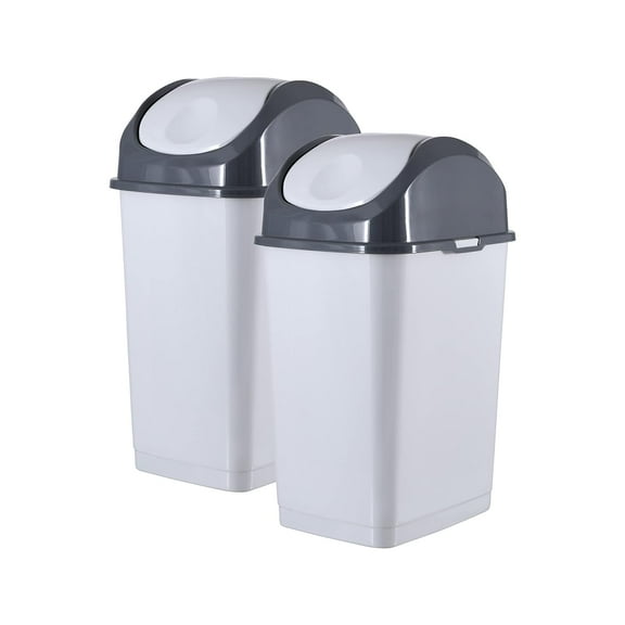 Superio Small 2.5 Gallon Plastic Trash Can with Swing Top Lid, Compact Slim Waste Bin for Under Desk, Office, Bedroom, Bathroom, Dorm Room, 10 Qt. Portable Garbage Can (SmokeWhite/Grey, 2 Pack)