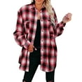 thumbnail image 2 of IROINID Veste Mi-Longue Confortable pour Femmes, Col Rabattu, Surchemise à Carreaux, Manches Longues, Boutonnage Simple, Rouge, 2 of 4