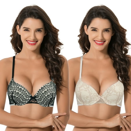 

Curve Muse Women s Plus Size Perfect Shape Add 1 Cup Push Up Underwire Lace Bras-2Pk-Black Nude-40B