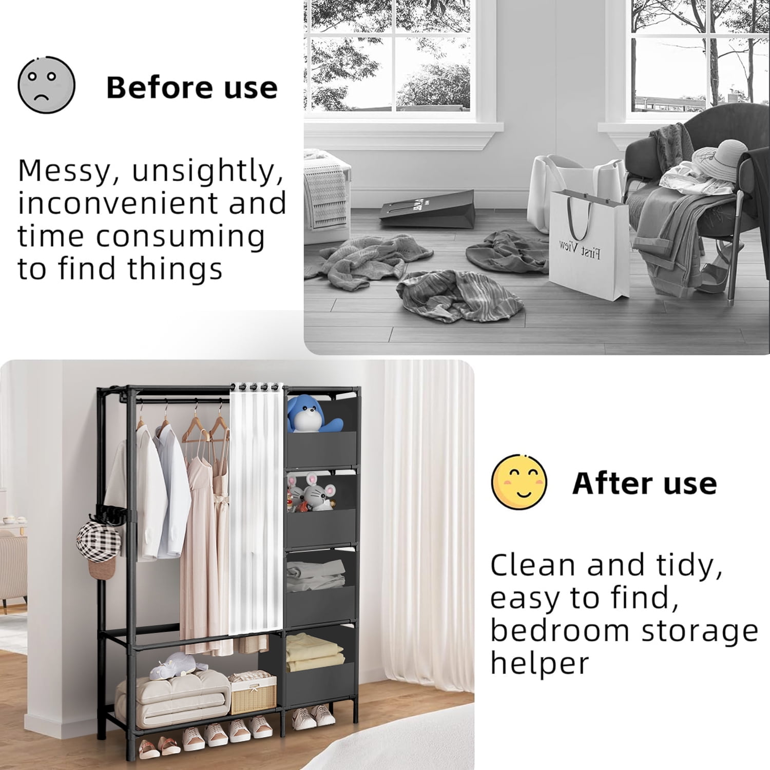 Portable Closet, Brochao Portable Wardrobe with 4 Storage Closet, Clothes Storage Cabinet with Curtain, for Living Room, Bedroom, Clothes Room, Black