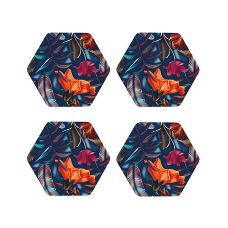 

Pofeuu Tropical Flower Print Coasters for Drinks 4Pack PU Leather Coasters Bar Drink Coasters for Tabletop Protection Furniture from Damage-Hexagon