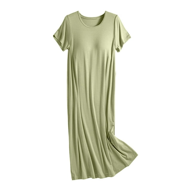 AWZXDE Chemise de Nuit une Pièce d'Été pour Femmes, Longueur Genou, Ample, Grande Taille, Manches Courtes, avec Soutien-Gorge Intégré, Mode Simple, Col Rond, Vert, TG