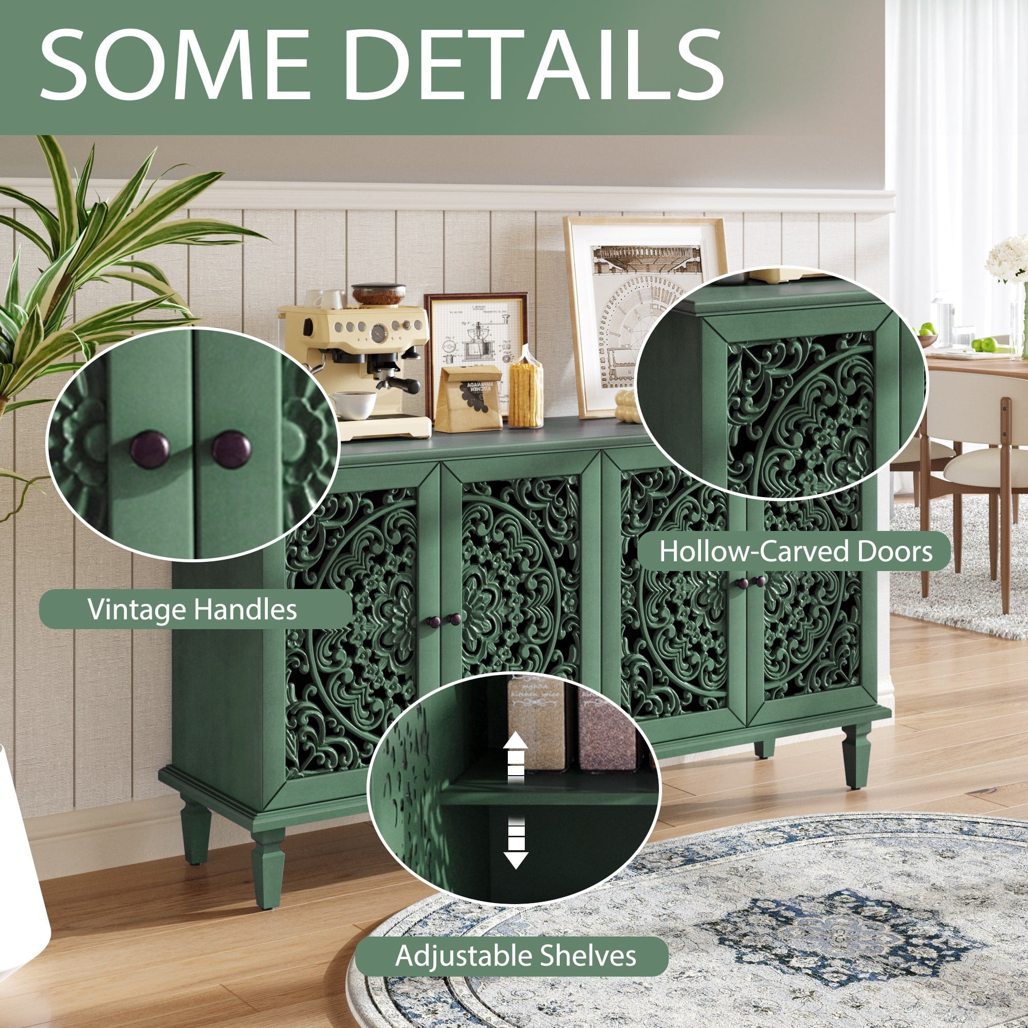 60" Antique Buffet Cabinet with Floral Carved Doors, TV Stand for 65 Inch TV, Sideboard Cabinet with Adjustable Shelves, Antique Green