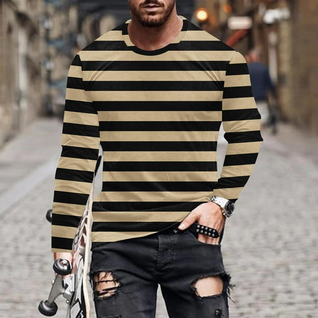 Blusas y camisas de manga larga con cuello redondo para hombre, blusa informal de manga larga con cuello redondo y estampado de rayas, blusa de poliéster para hombre