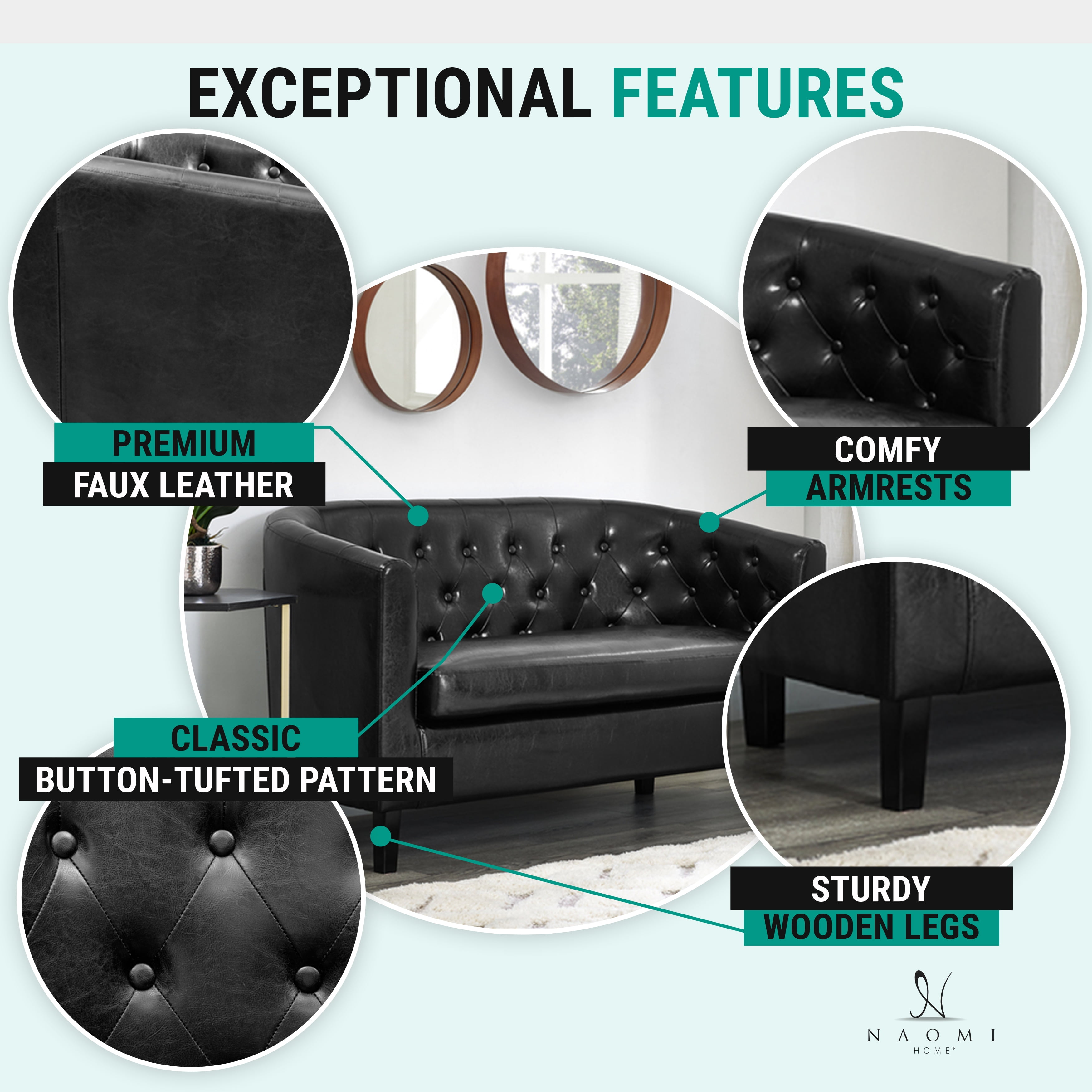 Naomi Home, Emma, Button Tufted Faux Leather Barrel Loveseat, Mid-Century Modern 2-Seater Couch – Black
