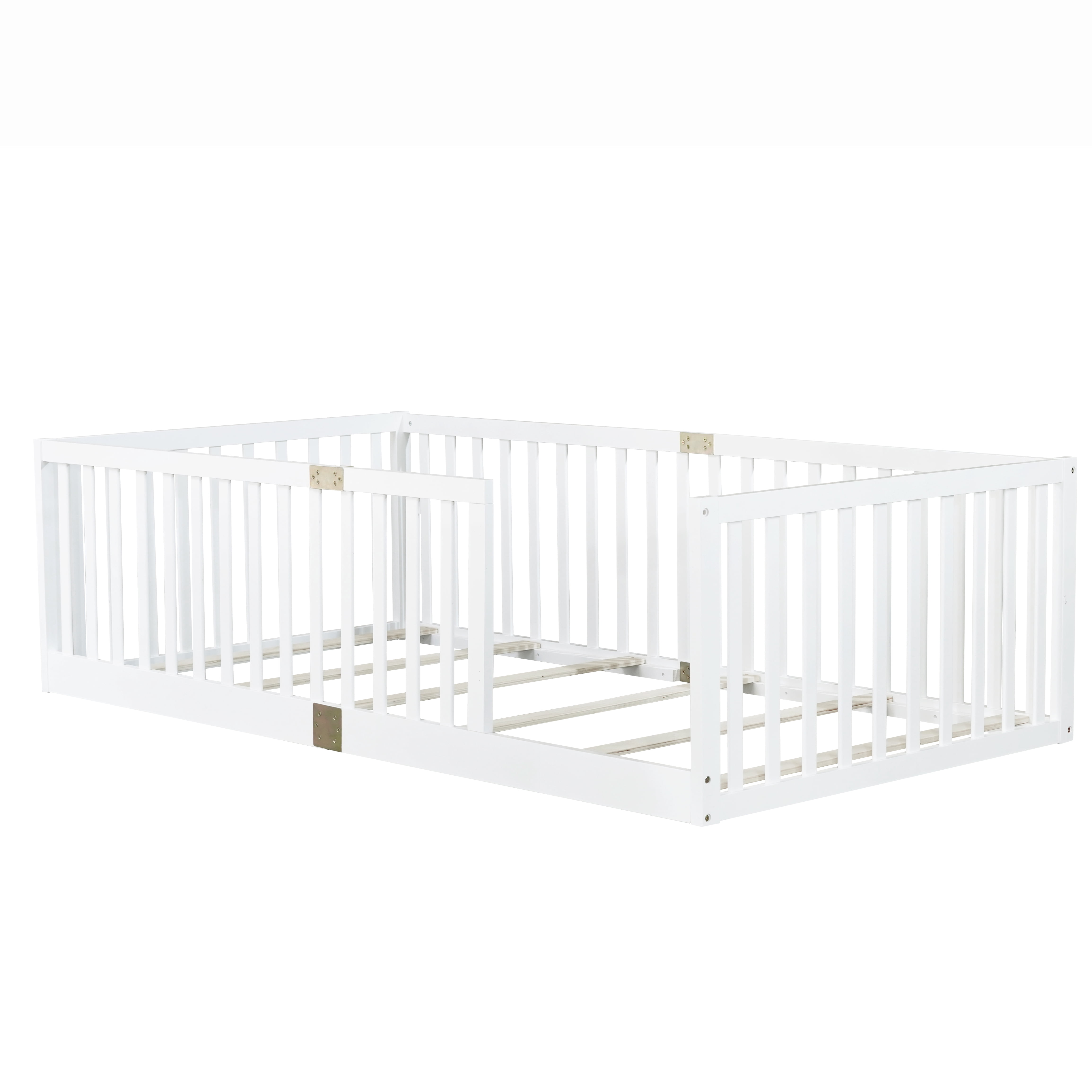 Miniyam Twin Size Floor Bed with High Safety Fence for Kids, White