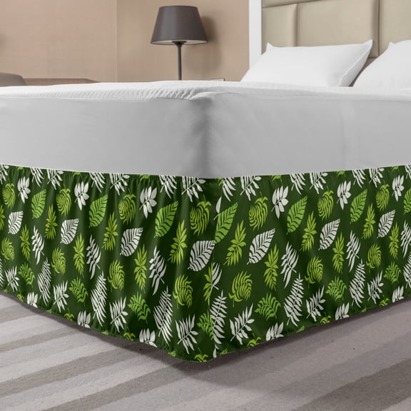 Fern Bed Skirt, Palm and Fern Branches Exotic Rainforest Jungle Leafage on Green, Elastic Bedskirt Dust Ruffle Wrap Around for Bedding Decor, 4 Sizes, Dark Green Pale Green, by Ambesonne