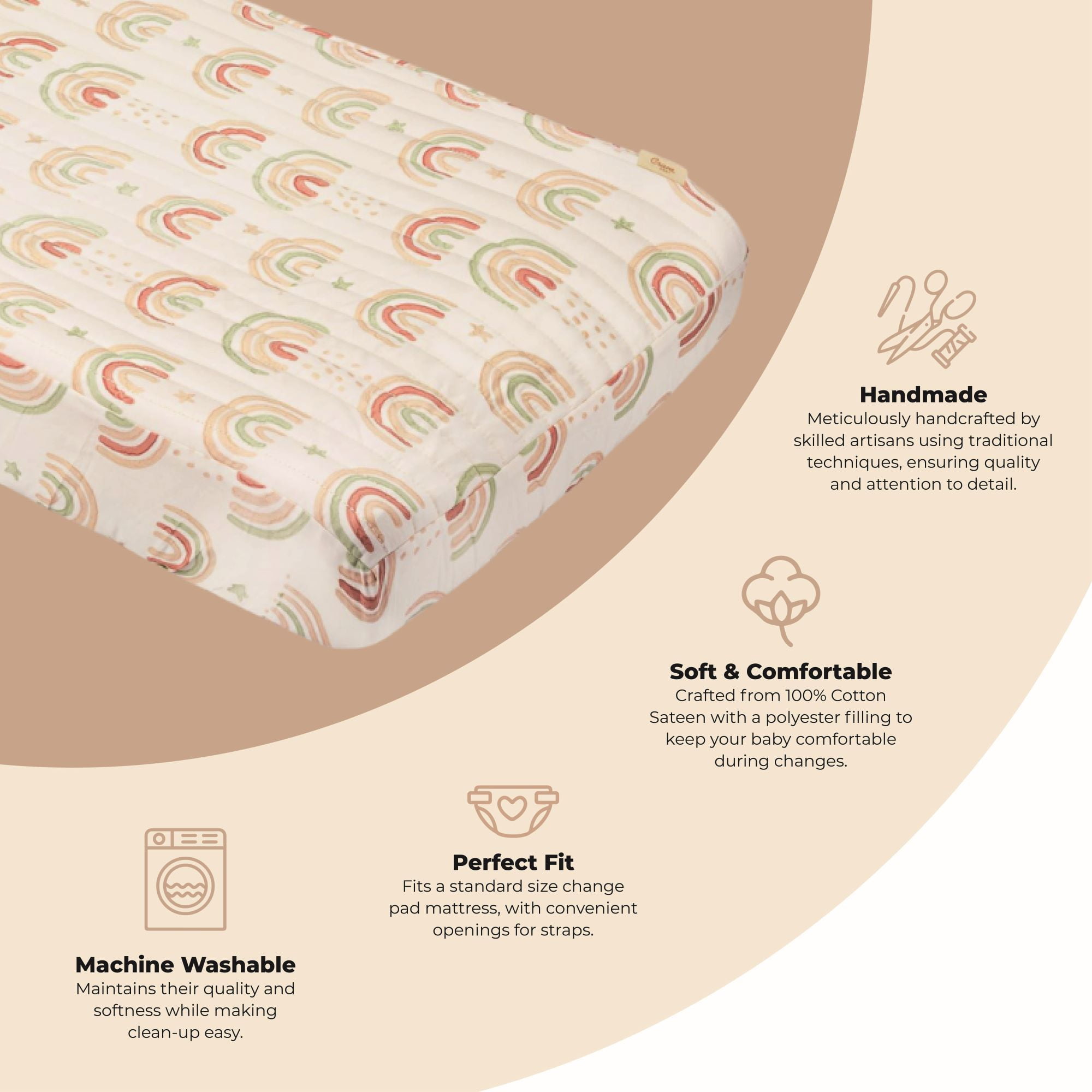 Crane Baby Changing Pad Cover, 100% Cotton Sateen Exterior Change Pad Cover, Boho Rainbow, 16" x 32", Fitted Changing Pad Covers, Changing Table Pad Cover For Nursery, Baby Registry or Shower Gift