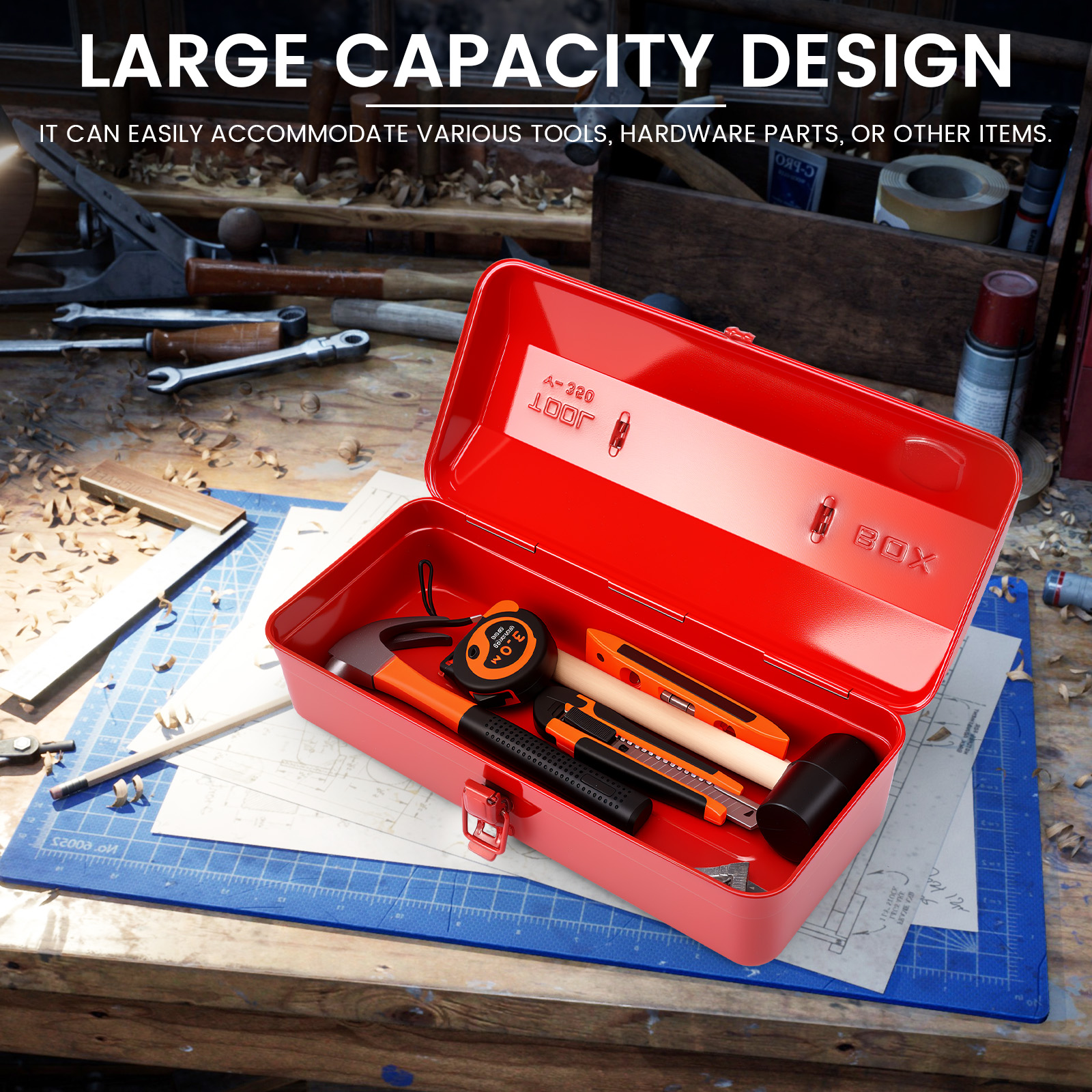 Keyohome Large Metal Tool Storage Box with Handle for Workshop Portable Tool Case with Lid Locking Organiser Box for Hardware Part