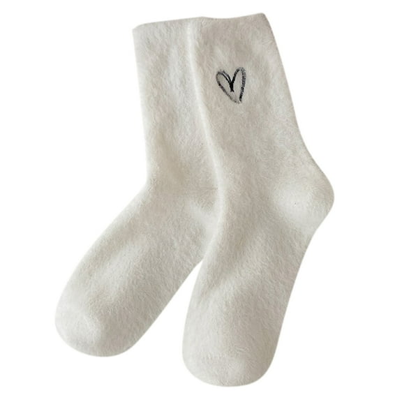 Fgnfyis Women's Autumn Winter Mid Calf Socks Thickened Warm Velvet Stacked Socks Solid Color Embroidered Home Floor Socks White One Size
