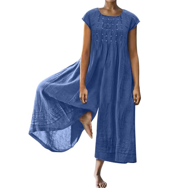 HBFAGFB Combinaison pour Femmes Col Ras du Cou à Fermeture Éclair Manches Courtes Ample et Légère Barboteuses Bleu Taille P