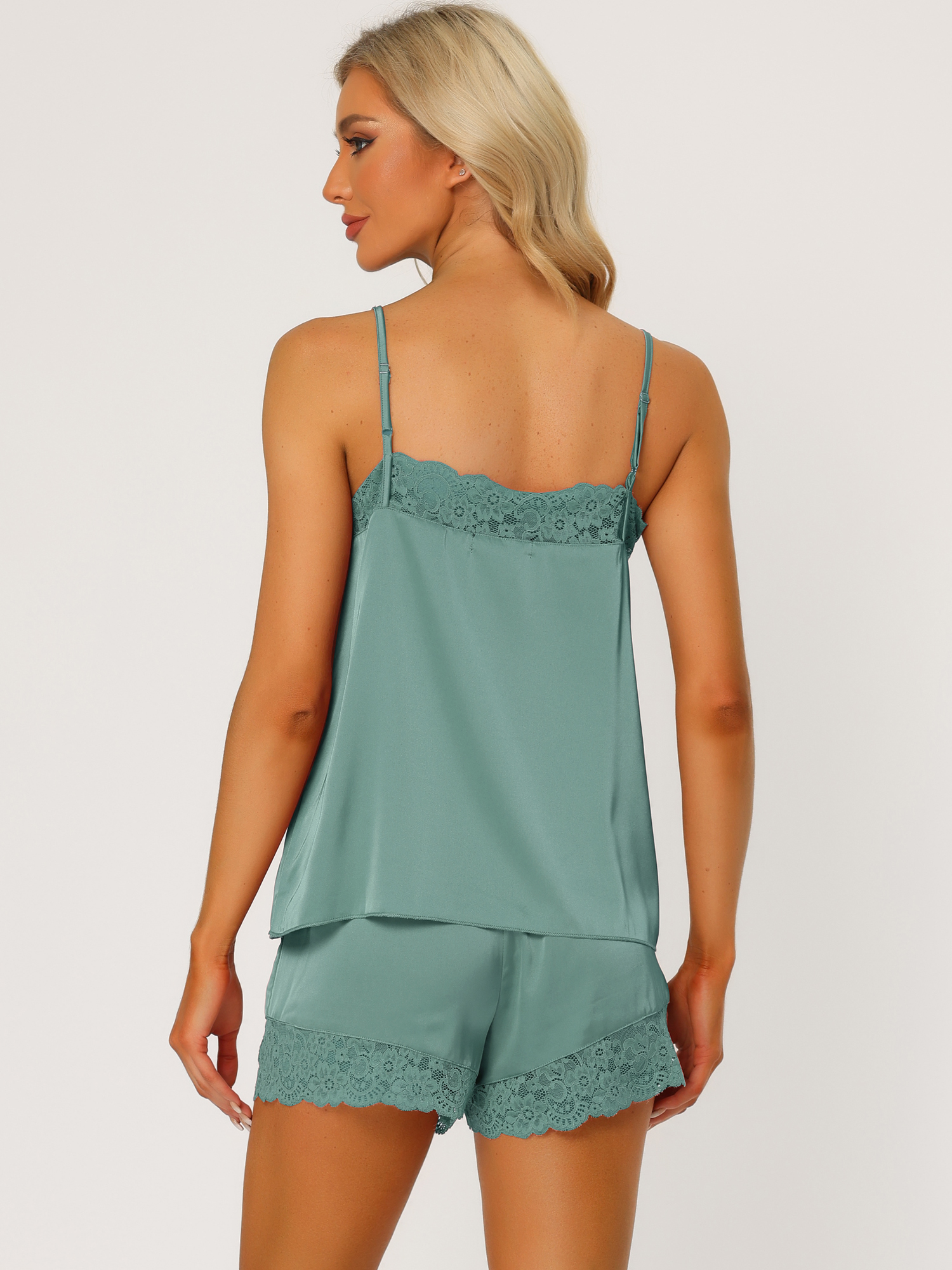 DARING DIVA Women's V Neck Satin Lace Trim Pajama Sets S Gray Green
