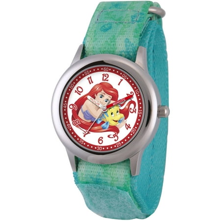 Disney Princess Ariel Girls' Stainless Steel Time Teacher Watch, Green Hook-and-Loop Stretch Nylon Strap with Printed Ariel