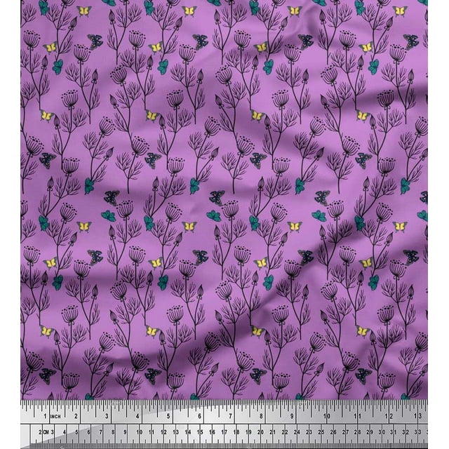 Soimoi Purple Japan Crepe Satin Fabric Insect & Floral Artistic Decor Fabric Printed BTY 42 Inch Wide