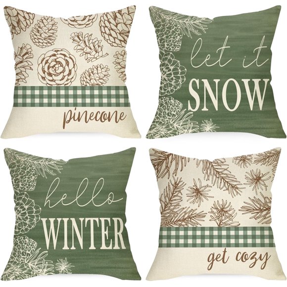Hello Winter Pine Cone Decorative Throw Pillow Covers 16x16 Set of 4, Let It Snow Pine Leaves Green Buffalo Plaid Check Cushion Case Decor,Get Cozy Farmhouse Christmas Holiday Home Decoration PC