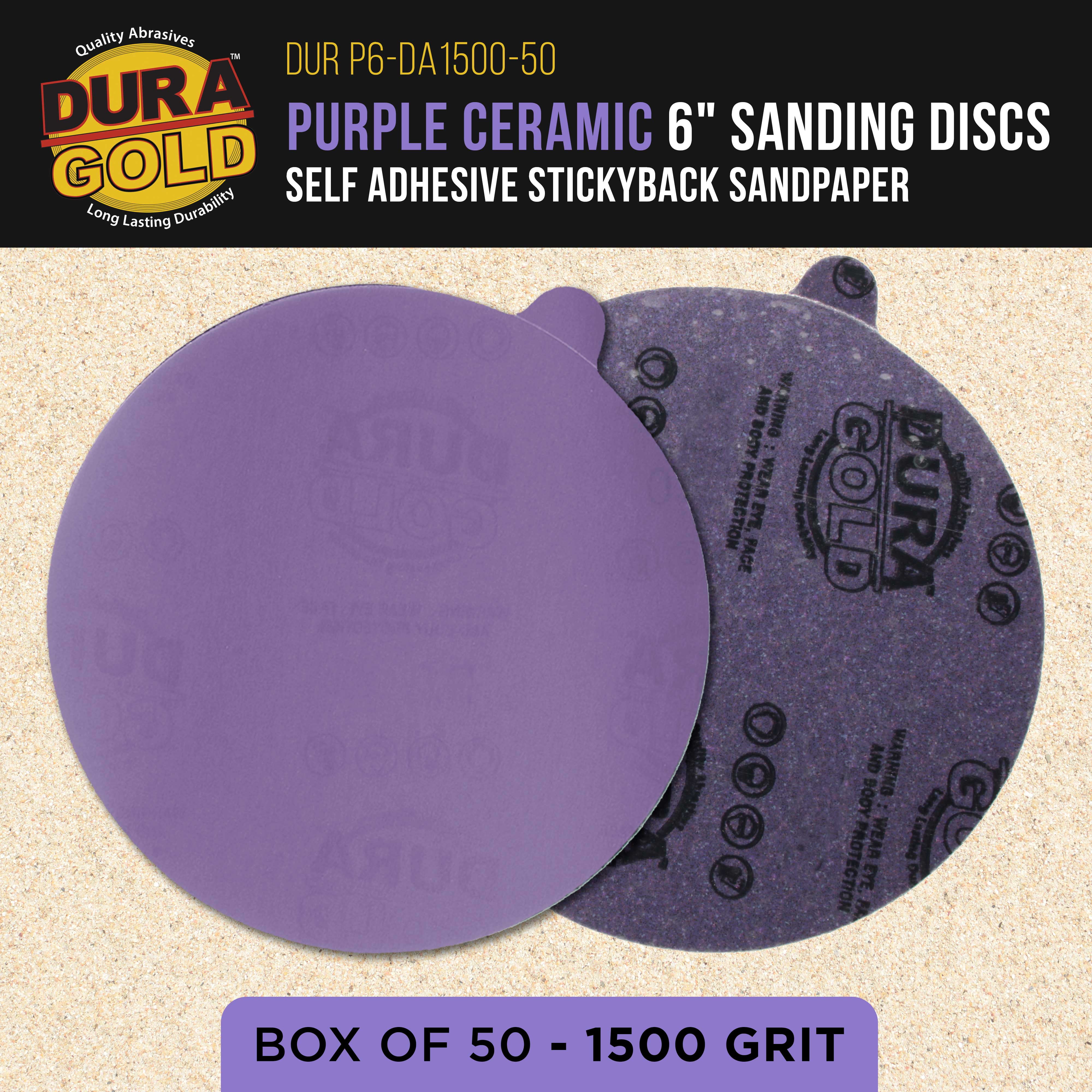 Dura-Gold Premium 1500 Grit 6" PSA Purple Film Ceramic Sanding Discs, Box of 50 - Self Adhesive Stickyback Sandpaper for DA & Random Orbital Sanders - Abrasive Sand Auto Paint, Metal,working