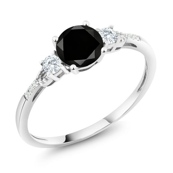 Gem Stone King 10K White Gold Black Diamond White Created Sapphire and White Diamond Accent 3-Stone Engagement Ring for Women (1.19 Cttw, Round 6MM, Gemstone April Birthstone, Size 9)