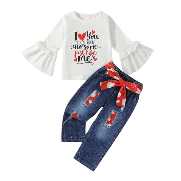 LUOGENLI Girl Summer Outfits Size 8 4th of July Toddler Girls Valentine's Day Winter Long Sleeve Love Prints Tops Pants Belt Outfits Clothes Set Girls Summer Outfits Size 6 Under 10 18-24 Months