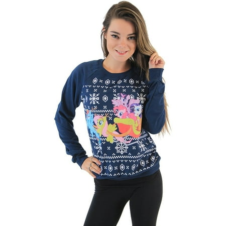 Juniors Snowflake - My Little Pony Group Sleigh Ride Snowflakes Juniors Navy Sweatshirt