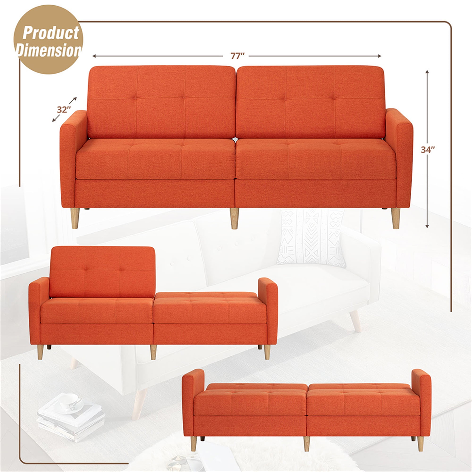 Kadyn Loveseat Sofa Bed, Mordern Convertible Sofa with Adjustable Backrest and Wooden Legs, 2-Seat Couch for Bedroom, Orange