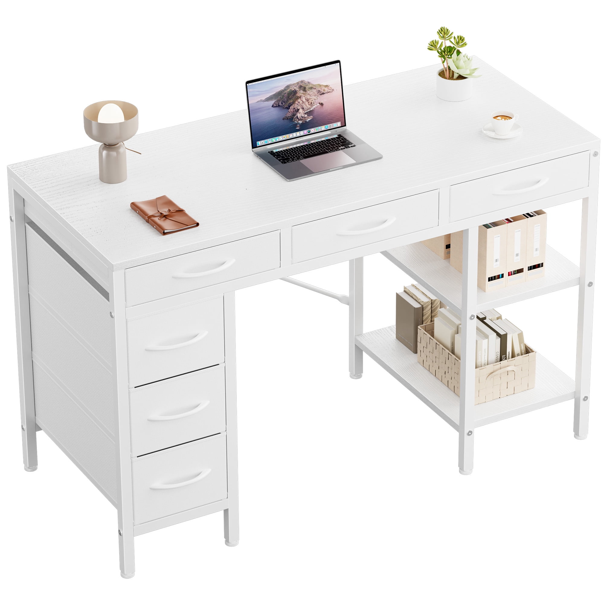 MCQ 47 Inch Computer Desk include 6 Drawers with 2 Empty Shelves, White