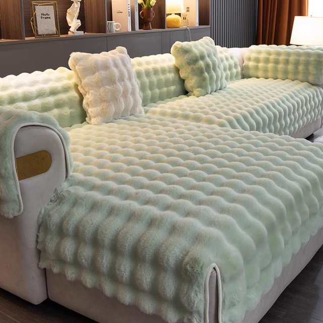 Thick Rabbit Plush Sofa Covers,Non Slip Faux Fur Sofa Cover for L Shape Sectional Sofa Slipcover, Furniture Protector Fluffy Slipcovers for Living Room (Green,70 * 120cm/27.5 * 47.2in)