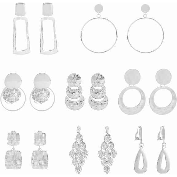 8 Styles Statement Clip-On Earrings 8 Pairs Lightweight Clip Earrings Geometric Dangle Earrings Platinum Non Pierced Drop Earrings Multilayer Earring Alloy Hollow Earring for DIY