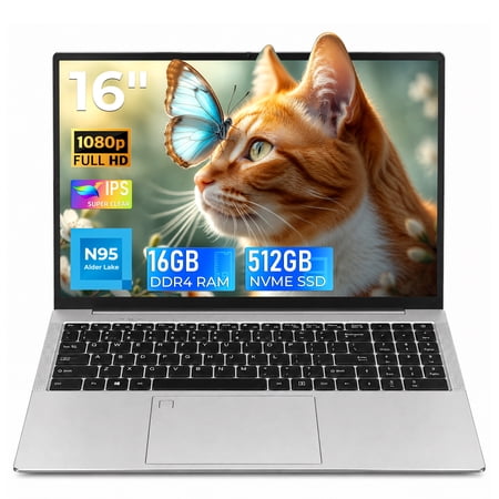 Rumtuk 16-inch Laptop, 16GB DDR4 RAM, 512GB NVMe SSD, N95 Quad-core(Up to 3.4GHz),Win 11 Pro/Office ,FHD 1920x1080 IPS, Backlit KB, Numpad, Fingerprint, Webcam, WiFi, HDMI, Work,Study&Play, Silver