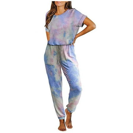

Gzztg One Piece Jumpsuits for Women Short Sleeve Tie-Dye Long Pajamas Set One Piece Jumpsuit Loose Sleepwear