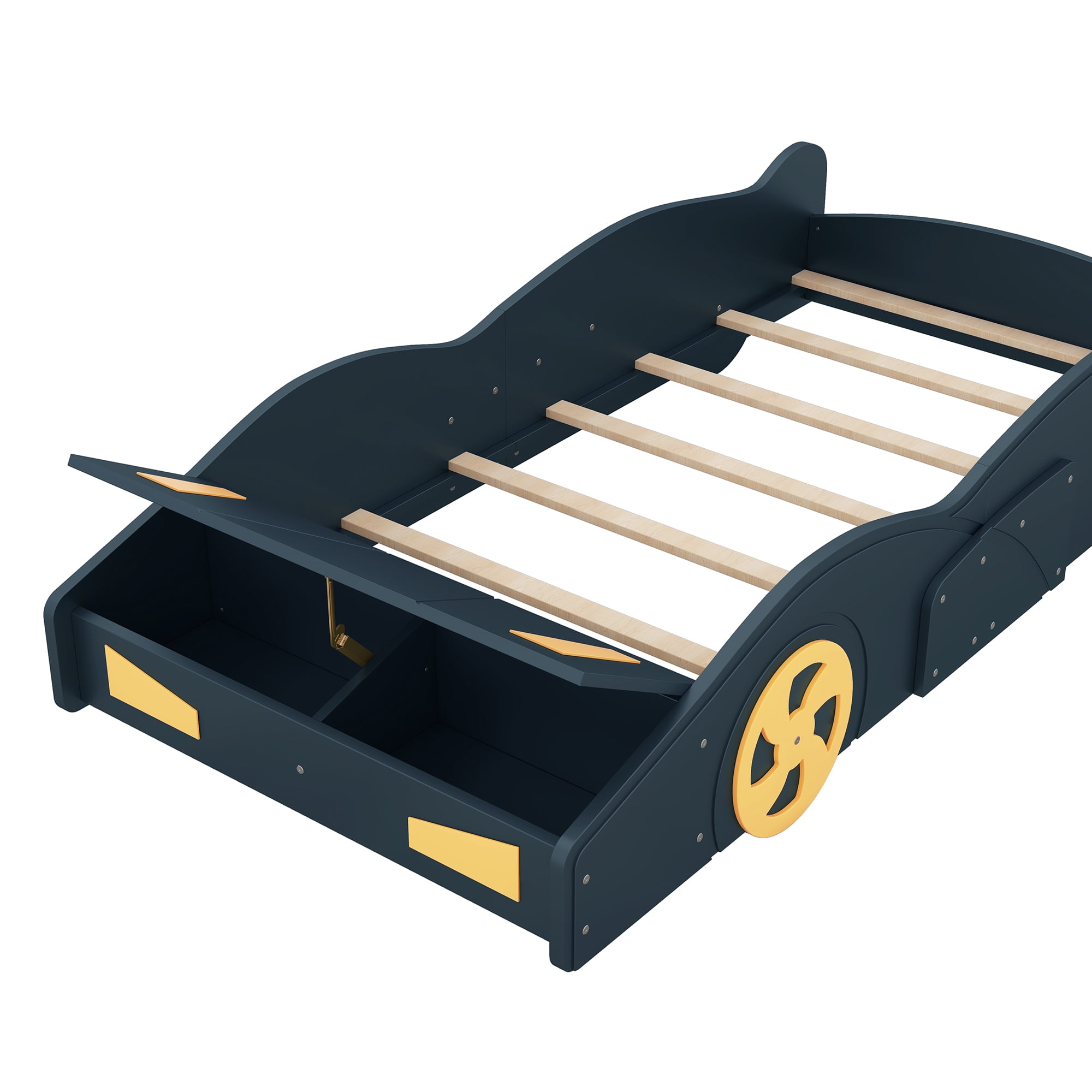 Historyli Go5H Twin Size Car-Shaped Platform Bed Frame With Wheels Storage Twin Size No Box Spring Needed Platform Bed 90.6x40.3x15.7 In