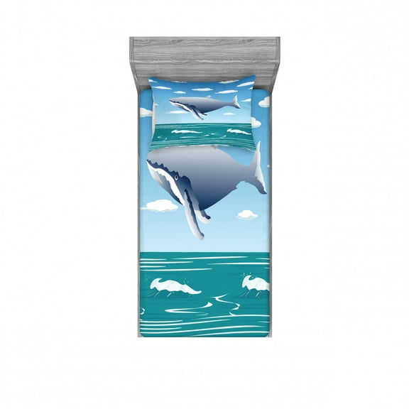 Whale Bedding Set with Sheet & Covers, Ocean Sunny Summer Landscape with Huge Jumping Whale on Air Cartoon Style Design Artwork, Printed Bedroom Decor 2 Shams, 4 Sizes, Blue, by Ambesonne