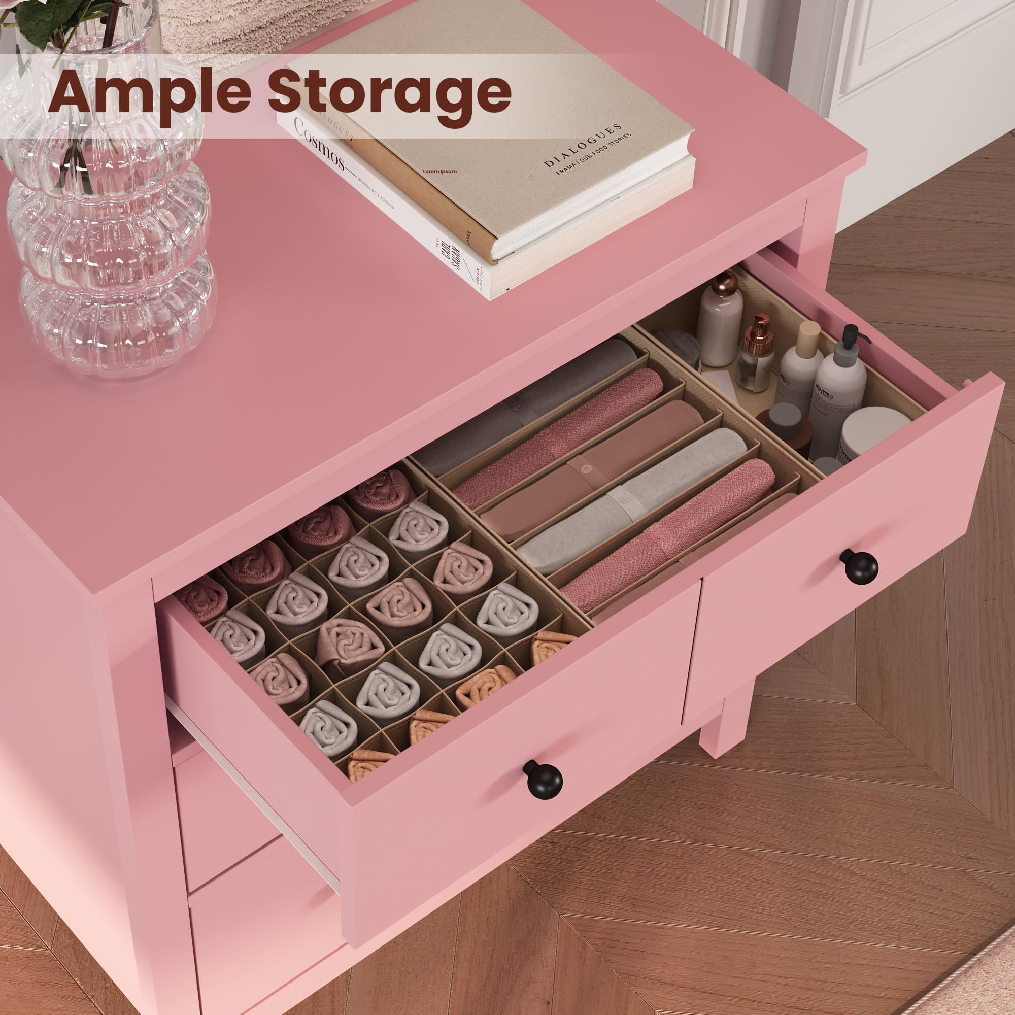 May in Color Pink 3 Drawer Dresser Set of 2 with Soft-Close Drawers, Modern Wood Chest for Bedroom, Living Room