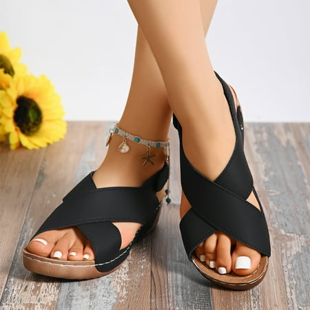 

XDDST Medium Heel Womens Beach Sandals Ladies Summer Retro Solid Colour Leather Slope Heel Thick Bottom Large Size Sandals Black