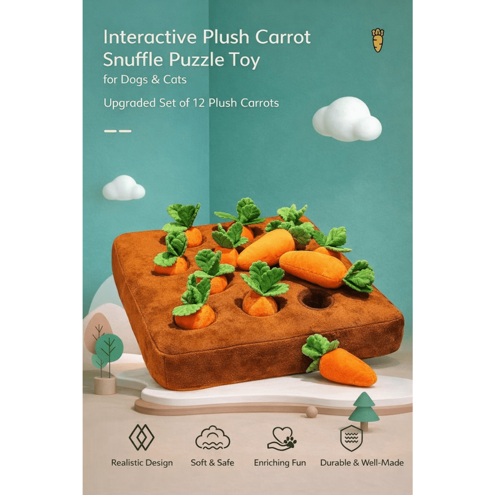 Dog Toys, Carrot Snuffle Mat Puzzle Toy, 2 in 1 Nosework Feeding Game for Stress Relief