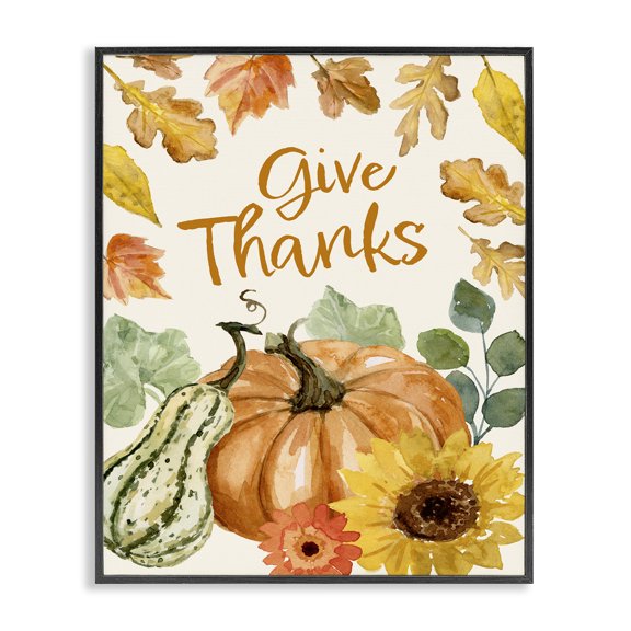 Stupell Industries French Country Give Thanks Harvest Gourds Leaves Autumnal Border Black Framed Giclee Art, 11 x 14, by Victoria Barnes