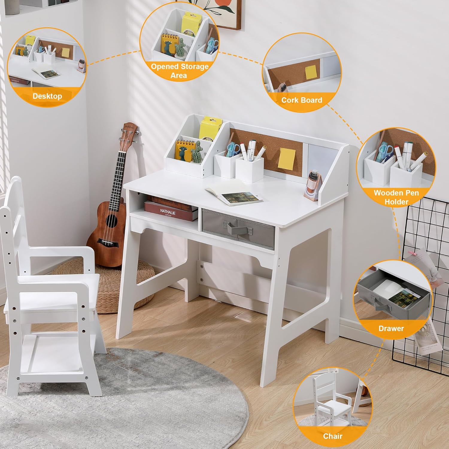 Joyspirit Kids Desk and Chair Set, Wooden Study Table with Storage Bins, Bookshelf, Bulletin Board, and Pen Holder, Writing Table for Boys and Girls