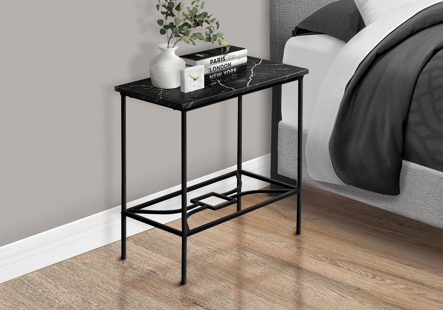 Monarch Specialties Accent Table, Side, End, Narrow, Small, 2 Tier, Living Room, Bedroom, Metal, Laminate, Black Marble Look, Contemporary, Modern