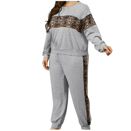 

LBECLEY Mother Of The Bride Pant Suits Autumn and Winter Nightwear Pajama Sets 2 Piece Leopard Loungewear Pyjamas Women Sleepwear Big Size Pajama Work Jumpsuit Grey Xl