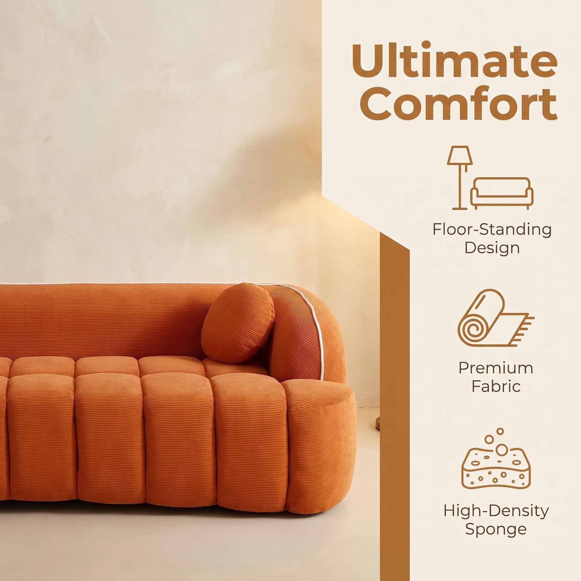 Lunale 98" Curved Bonelessd Sofa, 3-Seater Cloud Couch, No Assembly Required, Modern Corduroy Bubble Sofa for Living Room, Orange