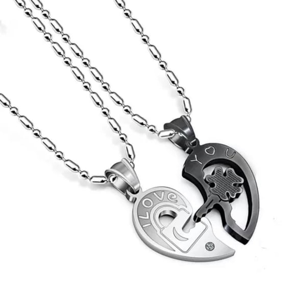 K-KED Collarbone Key Heart Shaped Pendant Puzzle Stainless Steel Couple Necklace Chain-Black