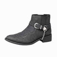 thumbnail image 1 of Men's Vintage Embroidered Western-Inspired Ankle Boots, Pointed Toe Elastic Side Slip-On Chelsea Boots with Decorative Buckle & Chain, Low Block Heel, 1 of 5