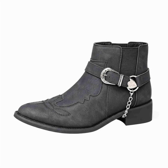 Men’s Vintage Embroidered Western-Inspired Ankle Boots, Pointed Toe Elastic Side Slip-On Chelsea Boots with Decorative Buckle & Chain, Low Block Heel