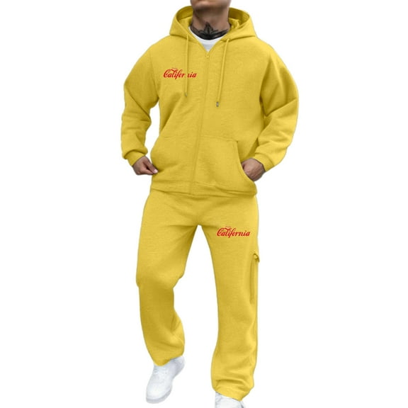 khonts Clearance,Men's Zip up Red Letter Printed White Sweatsuits Oversized Drawstring Loose Fit Casual Hooded Sets Fall Fashion Long Sleeve Hoodies Joggers with Multiple Pockets Yellow XL